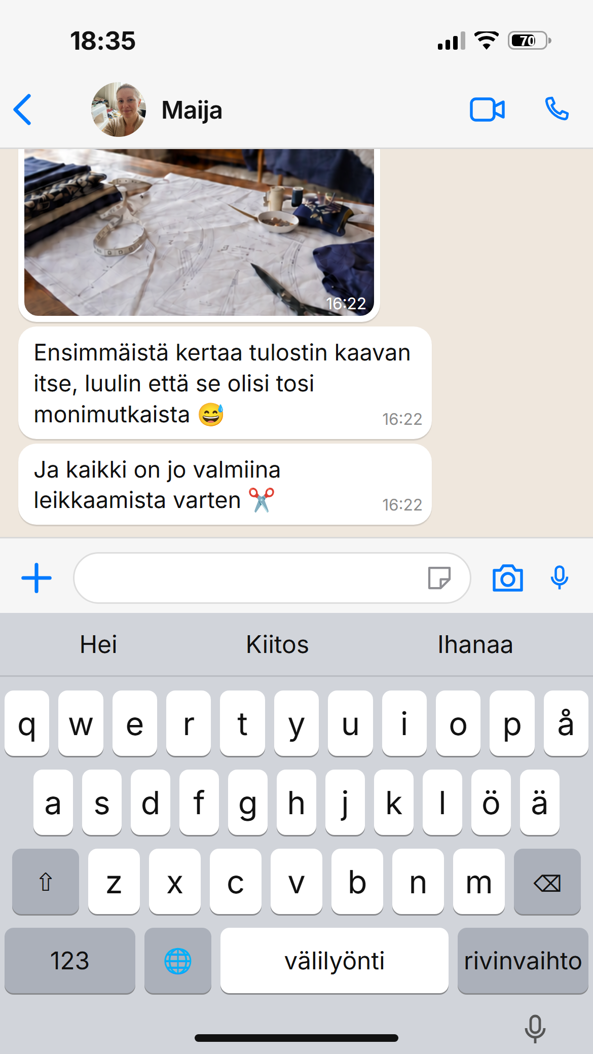 Kuvakaappaus asiakasviestistä