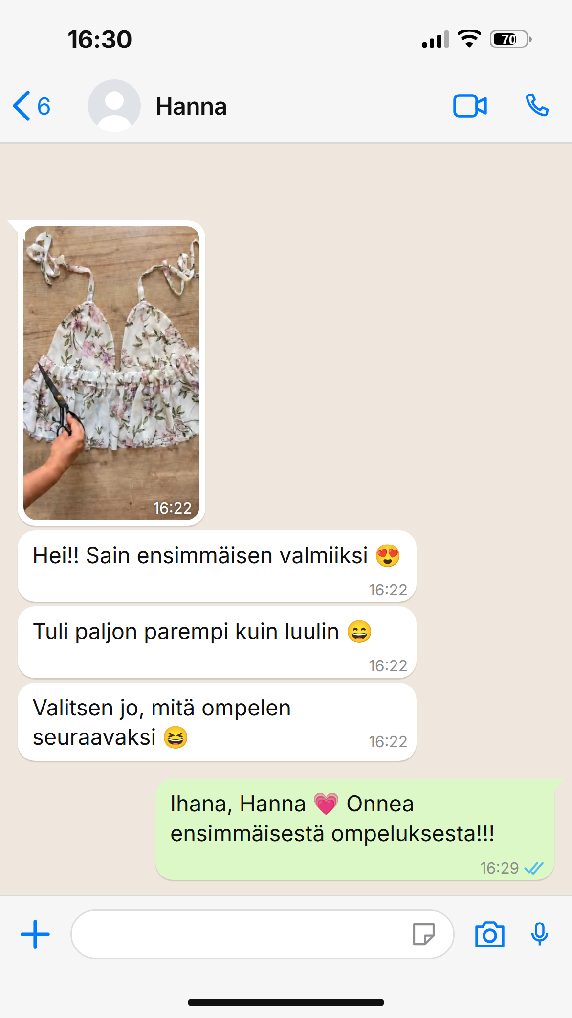Kuvakaappaus asiakasviestistä