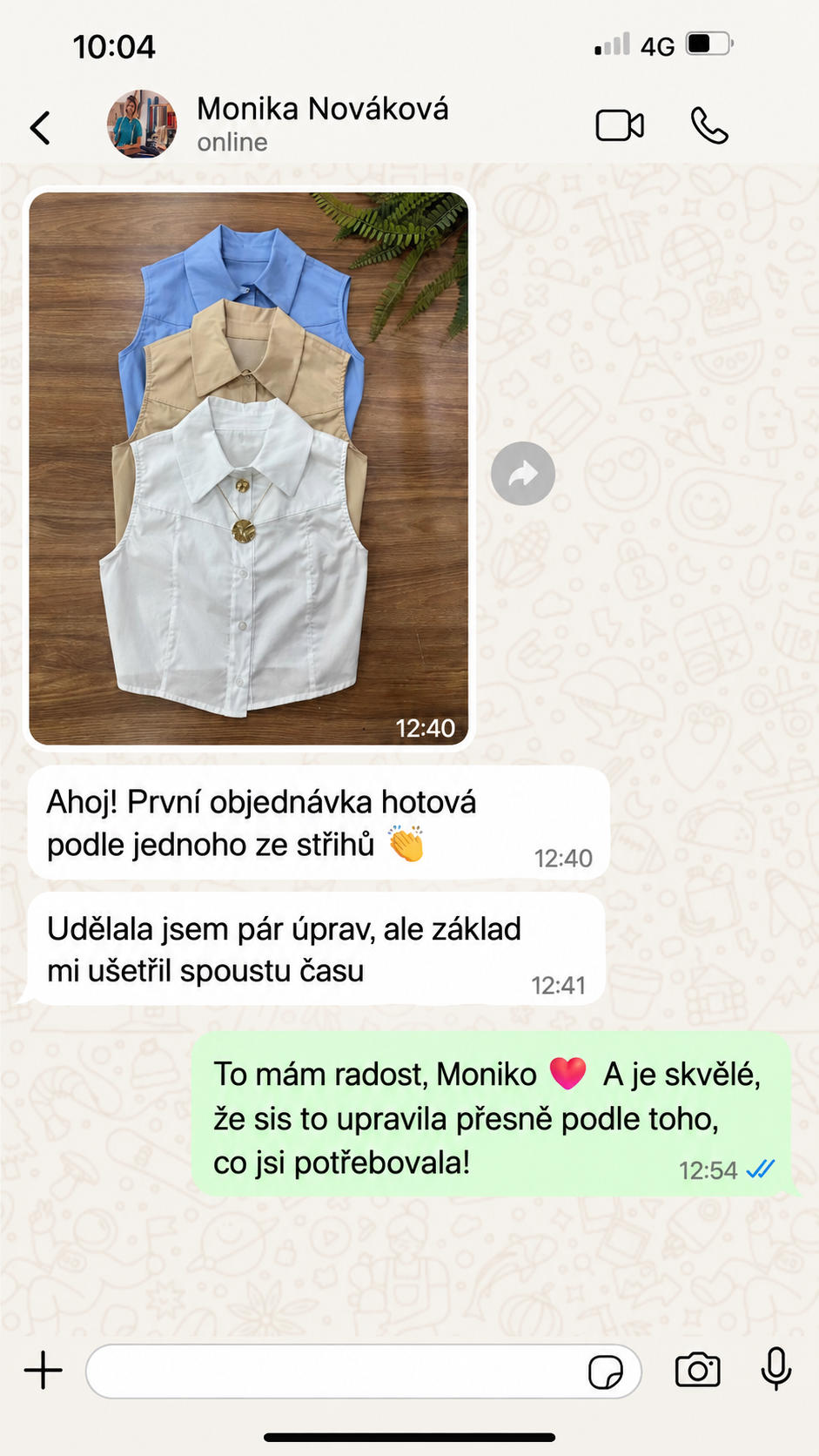 Skutečný screenshot z WhatsAppu od zákaznice