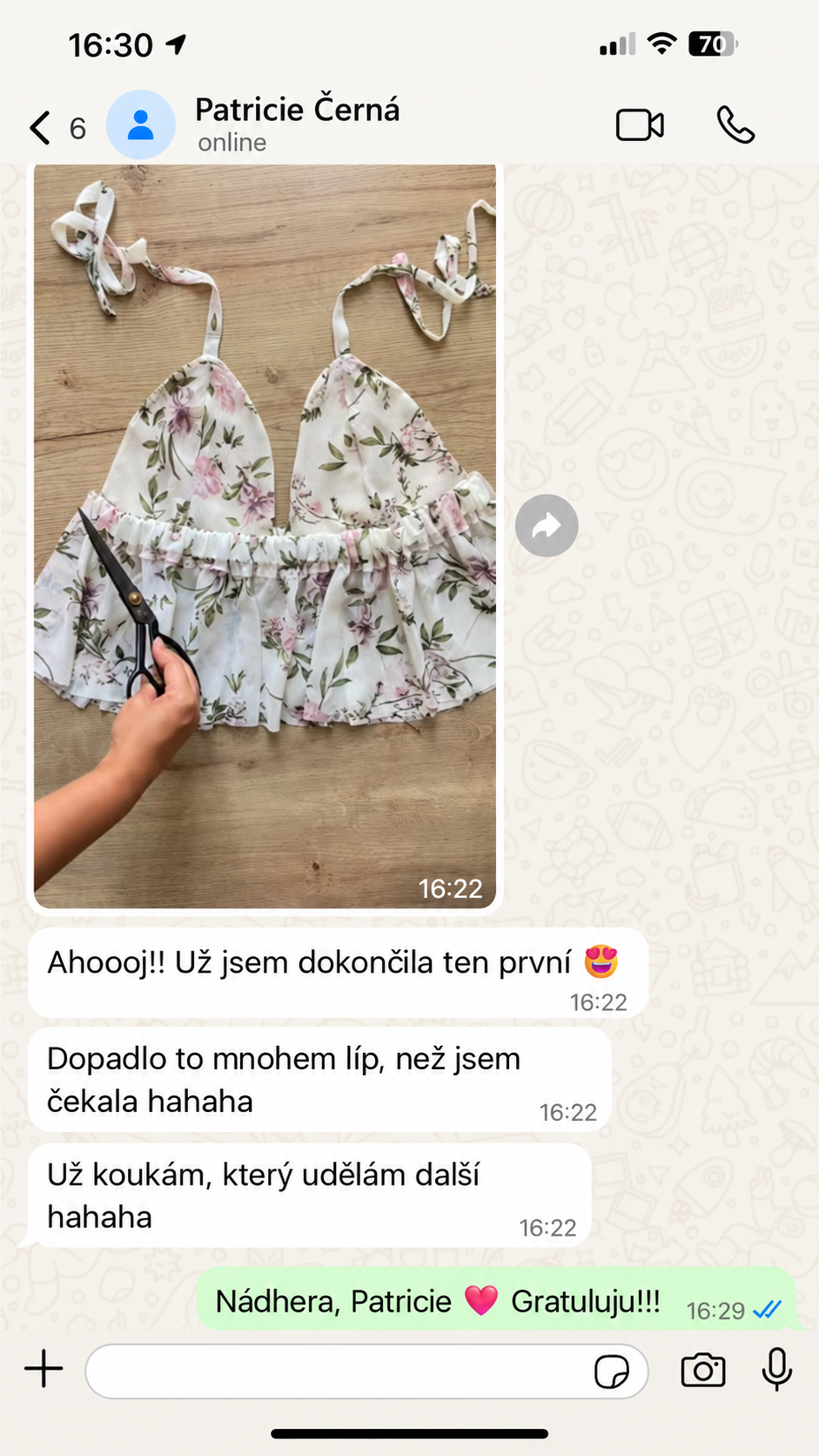 Skutečný screenshot z WhatsAppu od zákaznice