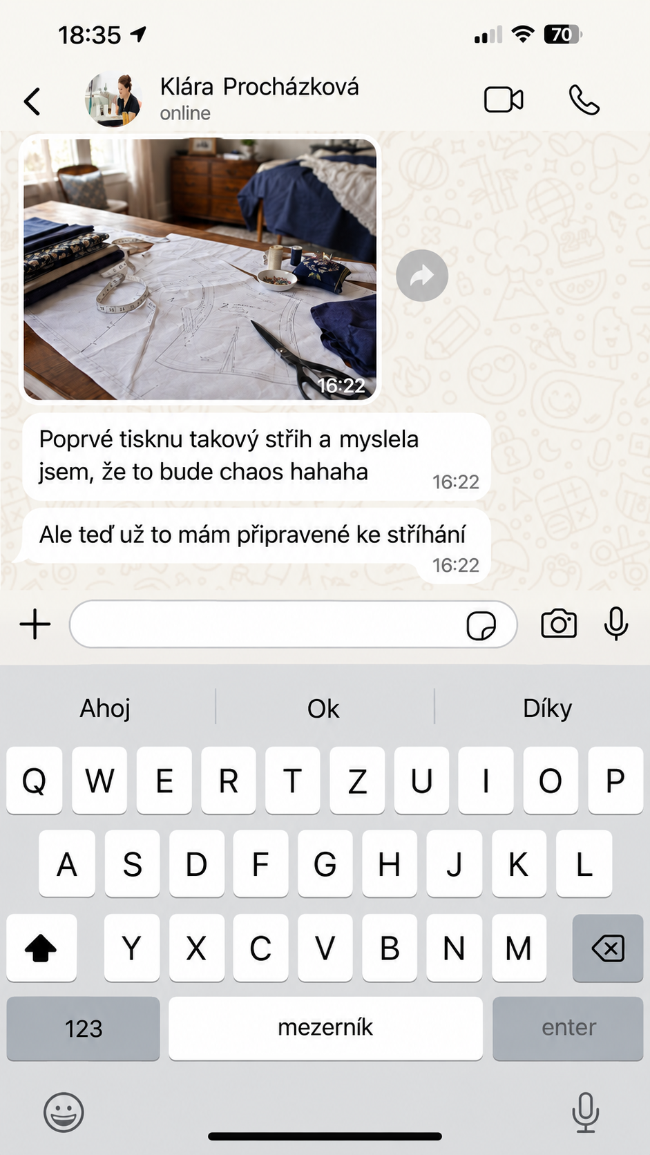 Skutečný screenshot z WhatsAppu od zákaznice