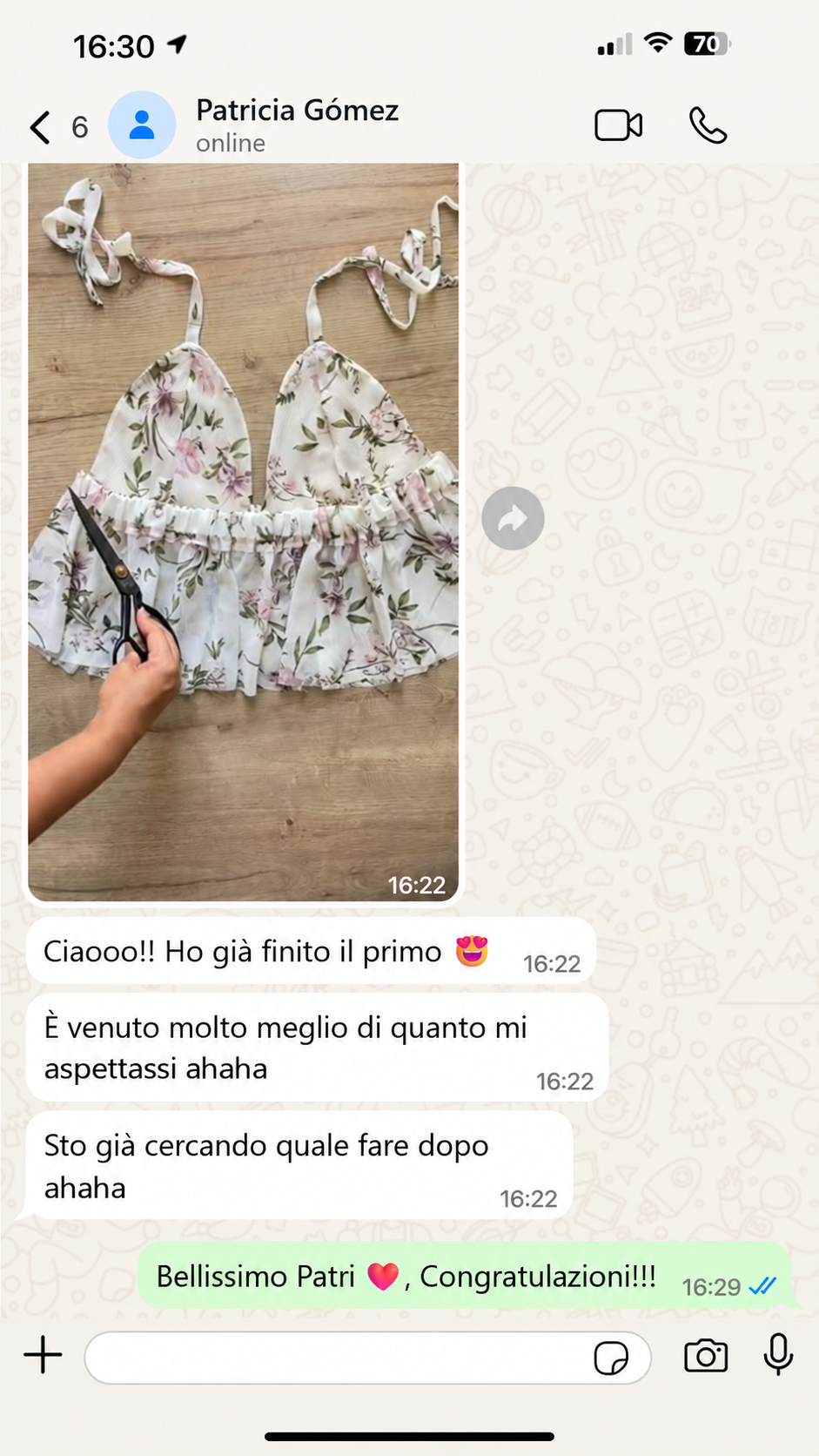 Screenshot reale di WhatsApp di una cliente